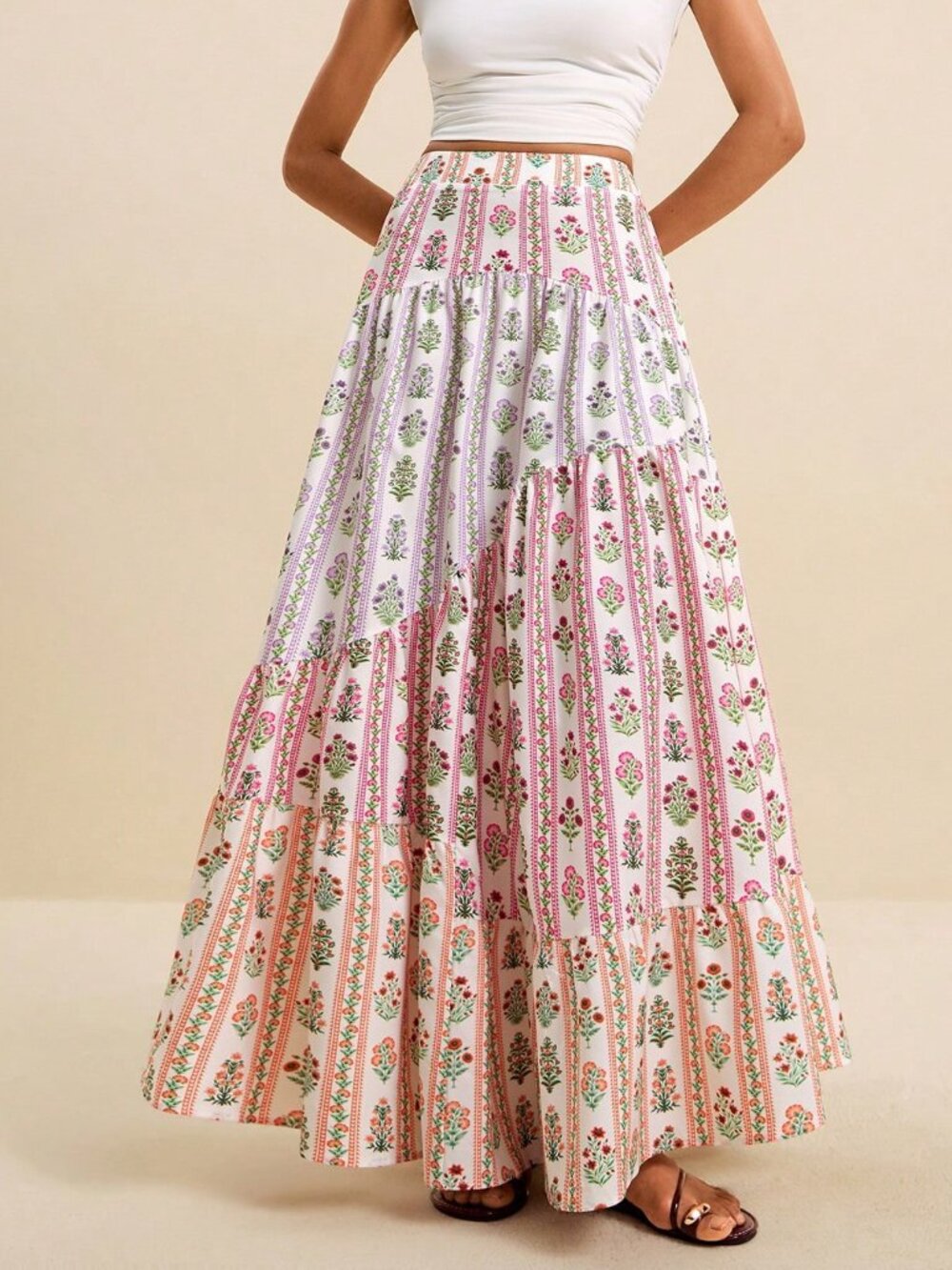 Multicolor Boho Women's Pleated High Waisted A Line Slit Maxi Skirt